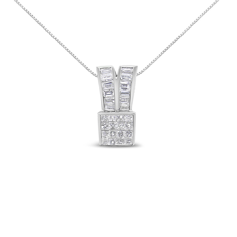 14K White Gold 1 5/8 cttw Princess and Baguette Cut Diamond Heart Ribbon
